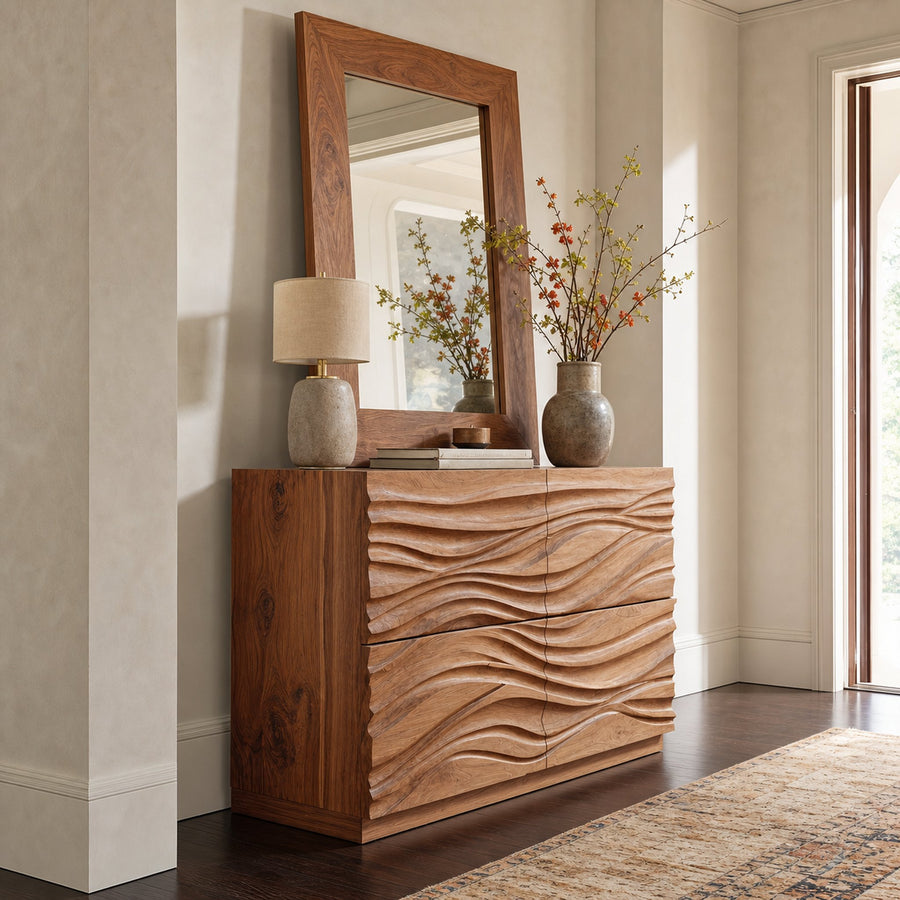 Handcrafted Sideboard Carved Wave Design For Living Decor