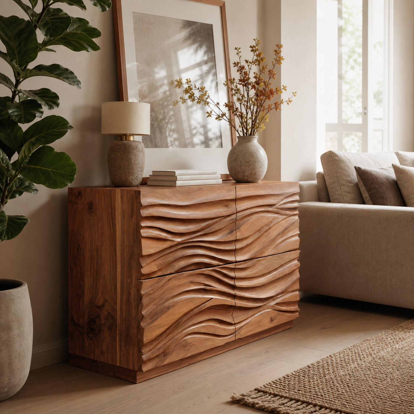 Handcrafted Sideboard Carved Wave Design For Living Decor - product view 6