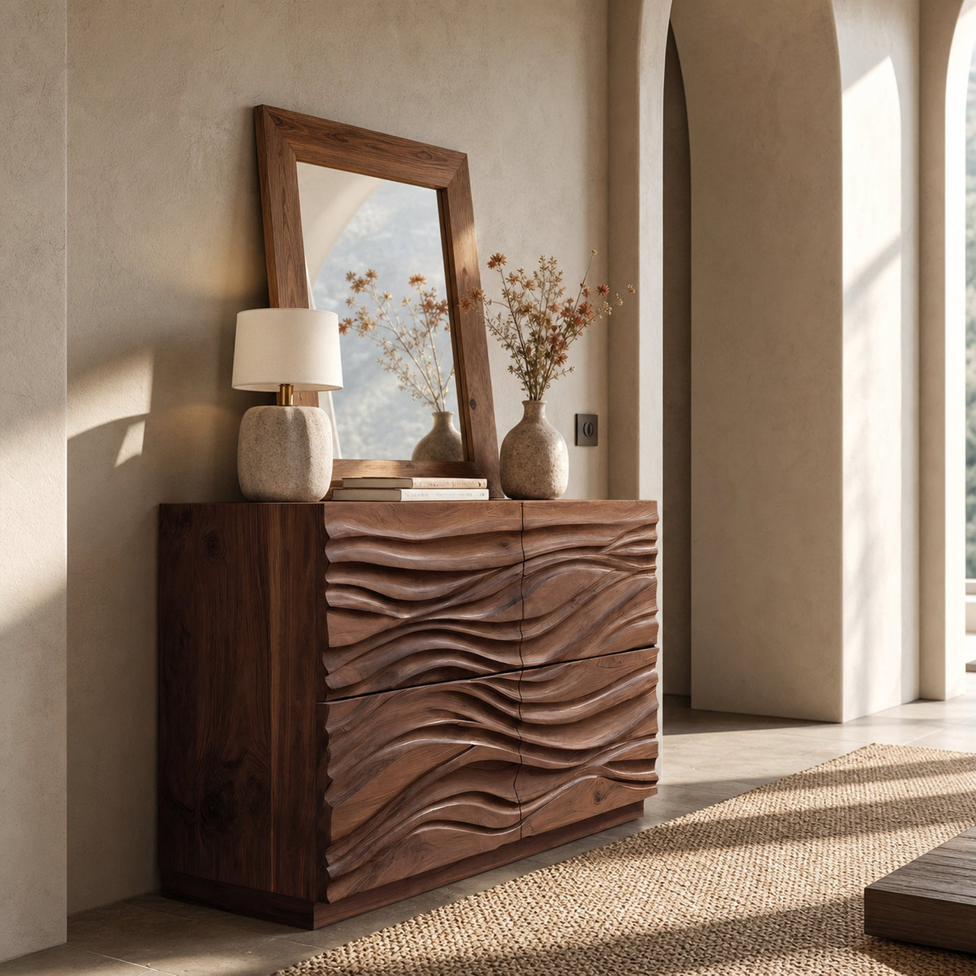 Handcrafted Sideboard Carved Wave Design For Living Decor - product view 7