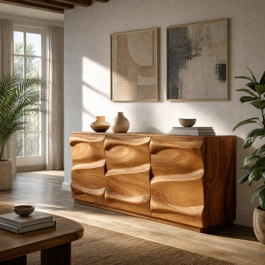 Handcrafted Sideboard With Sculptural Wave For Living Room