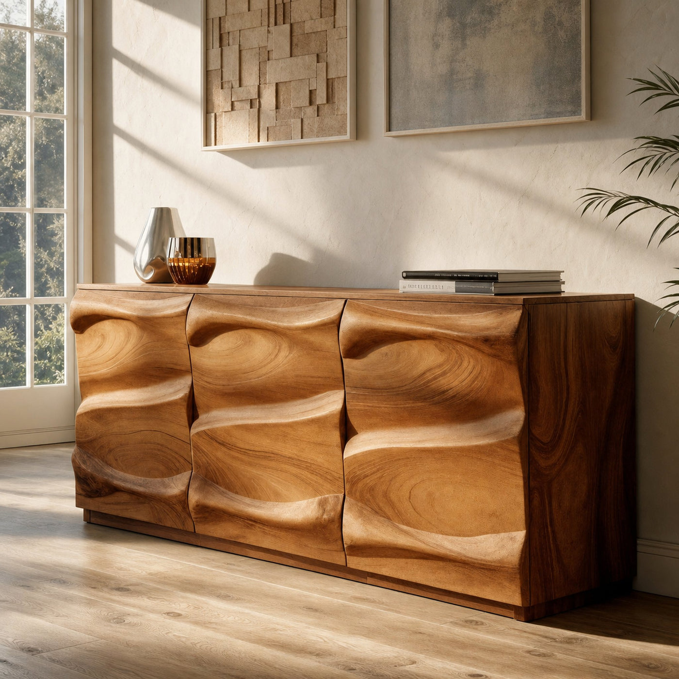 Handcrafted Sideboard With Sculptural Wave For Living Room - product view 2