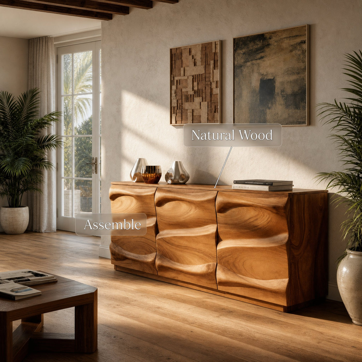 Handcrafted Sideboard With Sculptural Wave For Living Room - product view 5