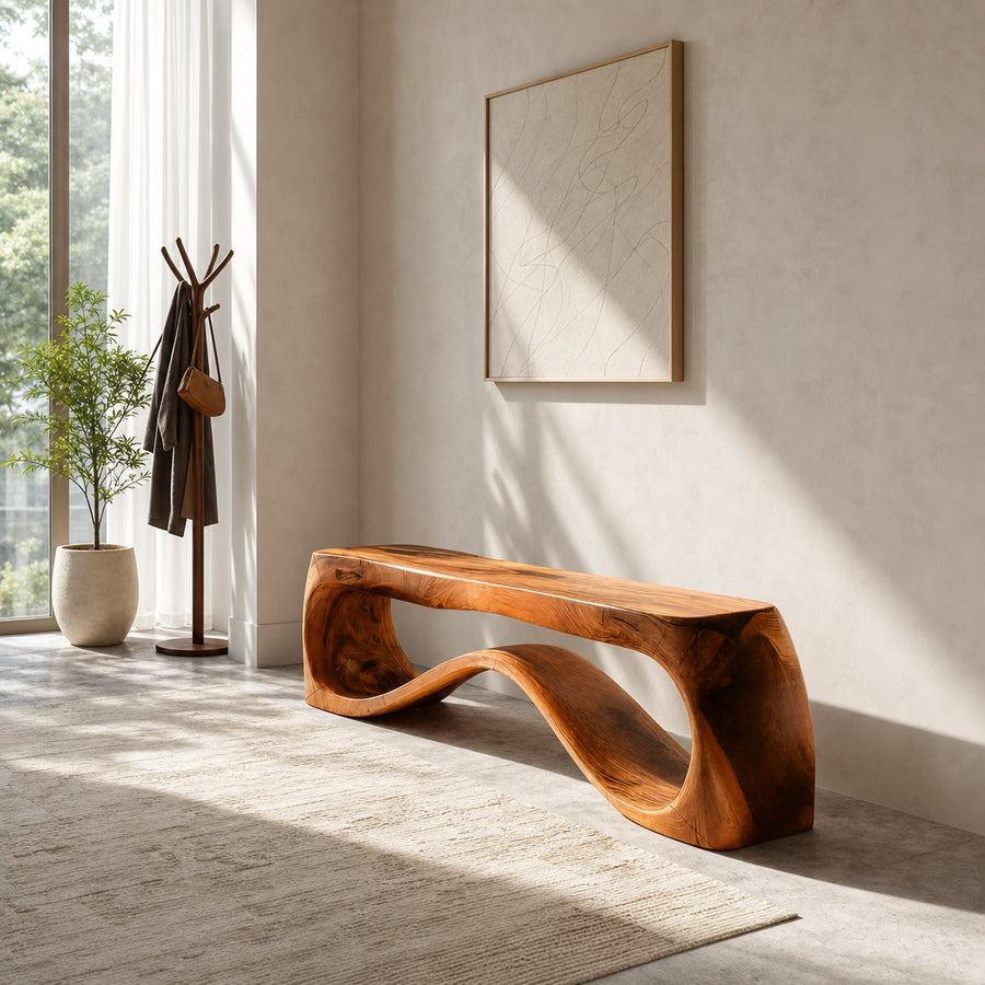 Handcrafted Style Bench With Sculptural Curves For Home