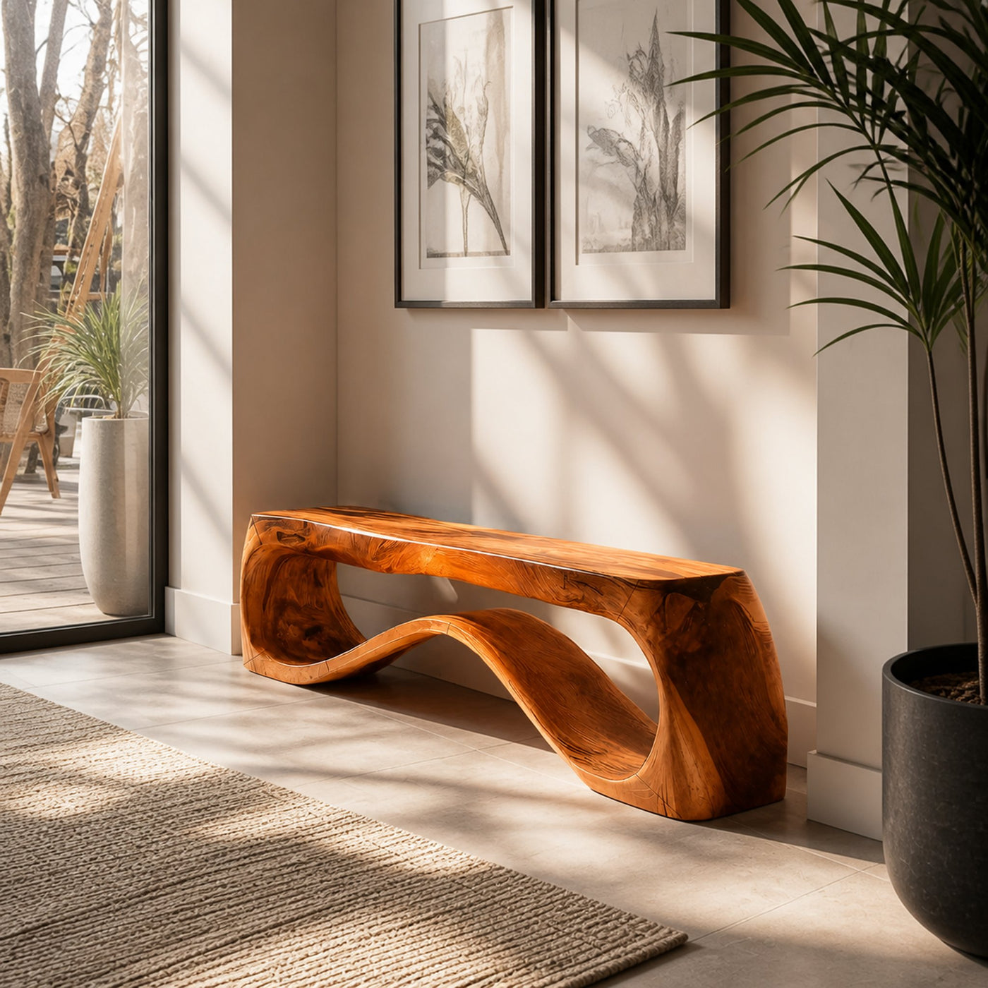 Handcrafted Style Bench With Sculptural Curves For Home - product view 6
