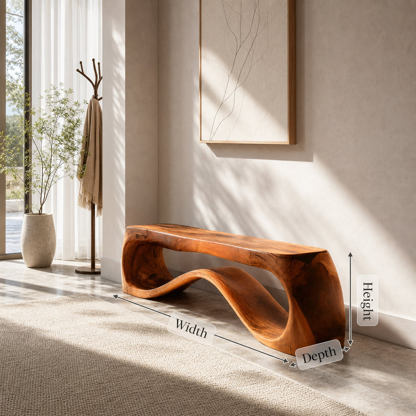Handcrafted Style Bench With Sculptural Curves For Home - product view 8