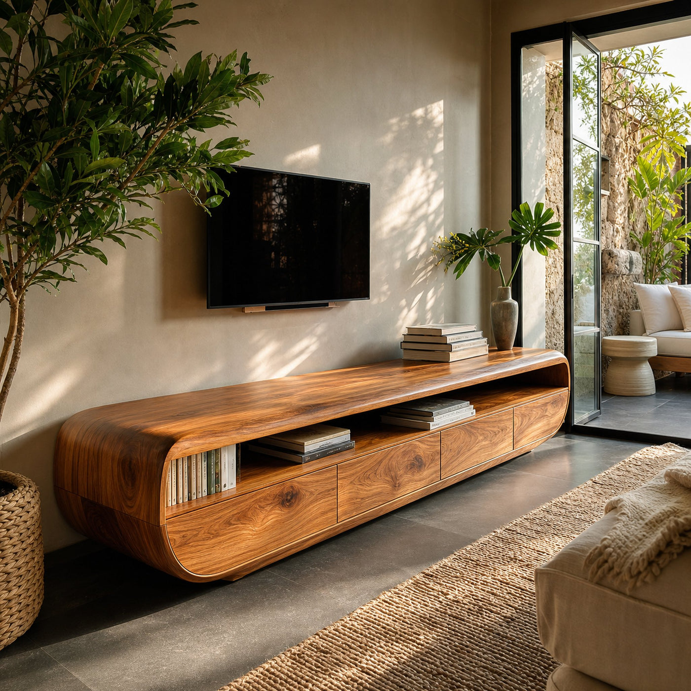 Handcrafted TV Cabinet Design Spacious Drawers For Living