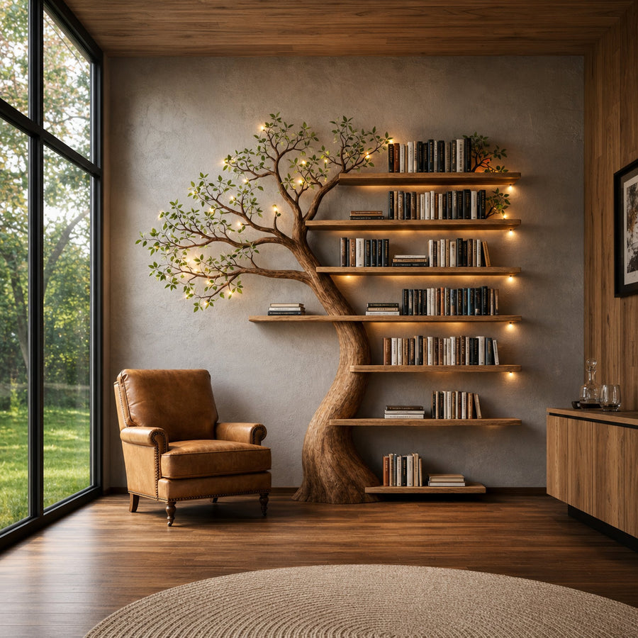 Handcrafted Tree Bookshelf Living Room Interior Sculptural Wall Display