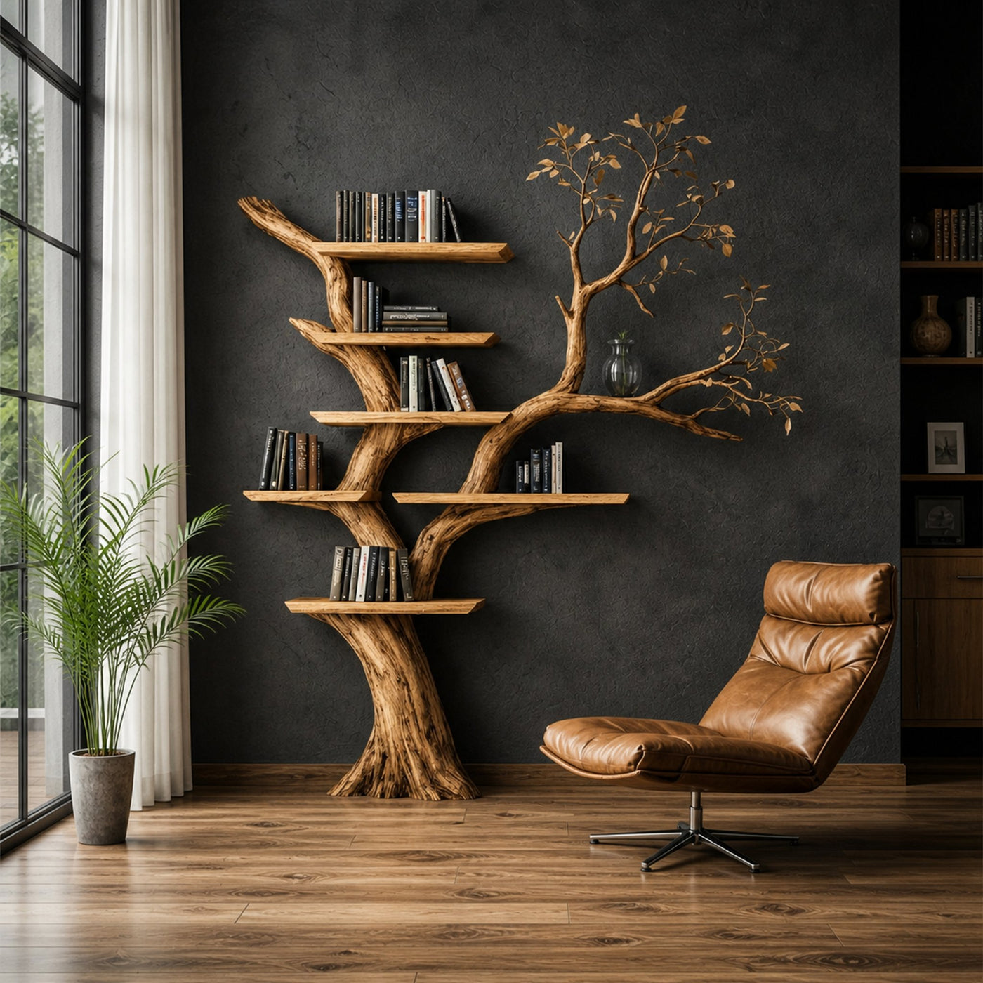 Handcrafted Tree Bookshelf Living Room Interior Statement Wall Feature