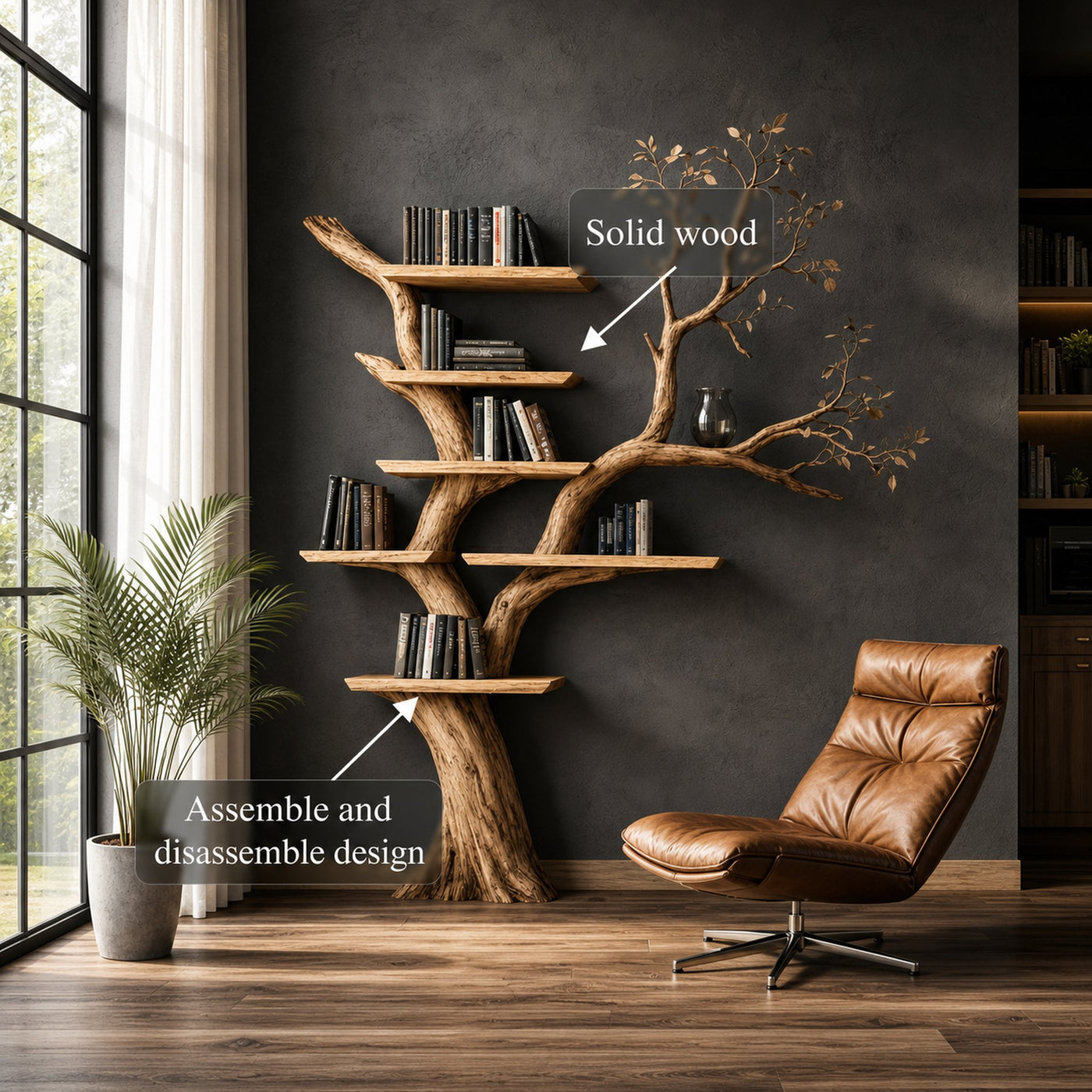 Handcrafted Tree Bookshelf Living Room Interior Statement Wall Feature - product view 3
