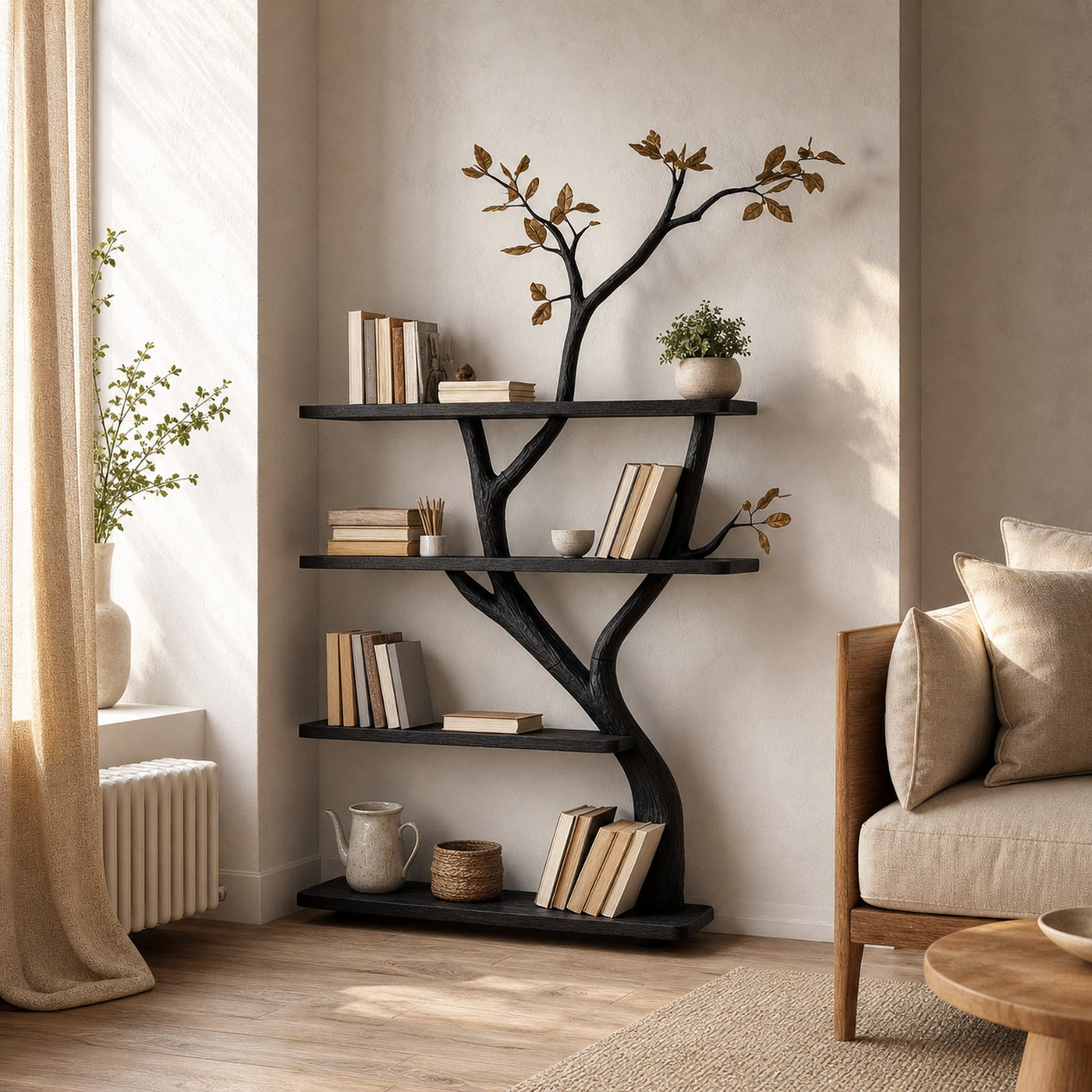 Handcrafted Tree Bookshelf Living Room Interior Storage Decor