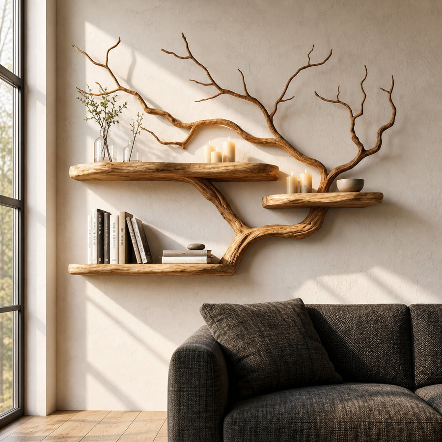 Handcrafted Tree Branch Floating Shelf For Living Room Decor