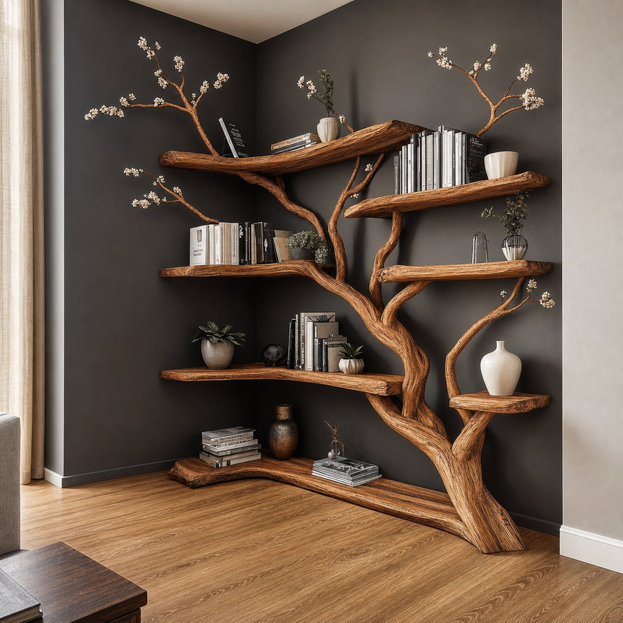 Handcrafted Tree Corner Storage Shelf Living Room Interior Feature Decor