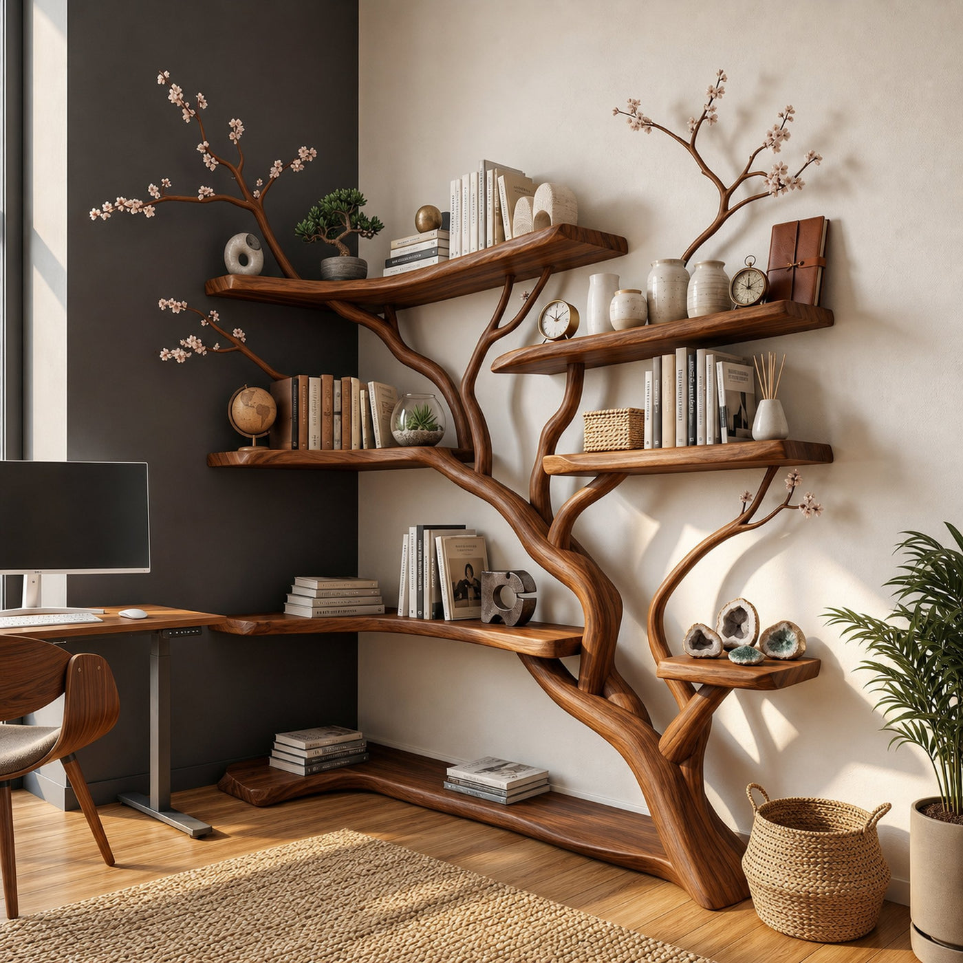 Handcrafted Tree Corner Storage Shelf Living Room Interior Feature Decor - product view 6