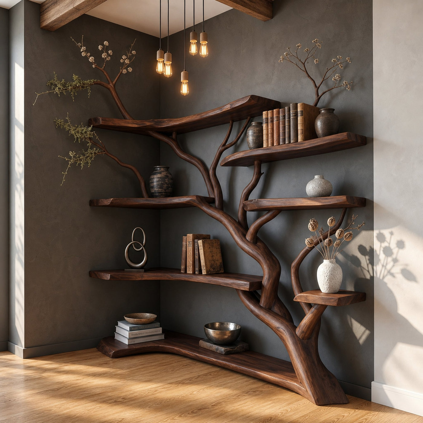 Handcrafted Tree Corner Storage Shelf Living Room Interior Feature Decor - product view 7