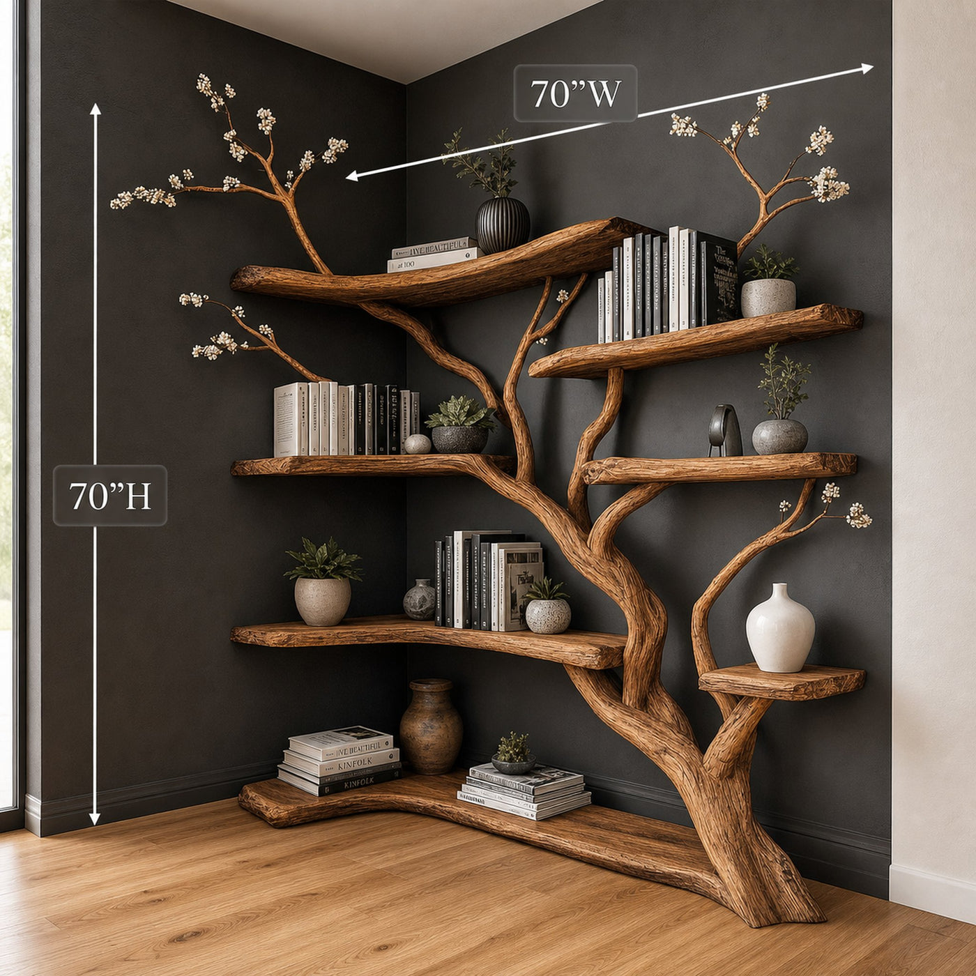 Handcrafted Tree Corner Storage Shelf Living Room Interior Feature Decor - product view 8