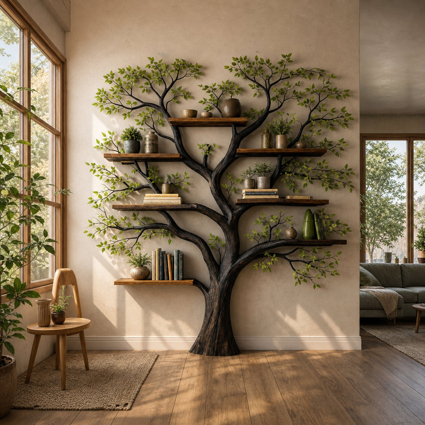 Handcrafted Tree Storage Bookcase Living Room Interior Living Wall Feature