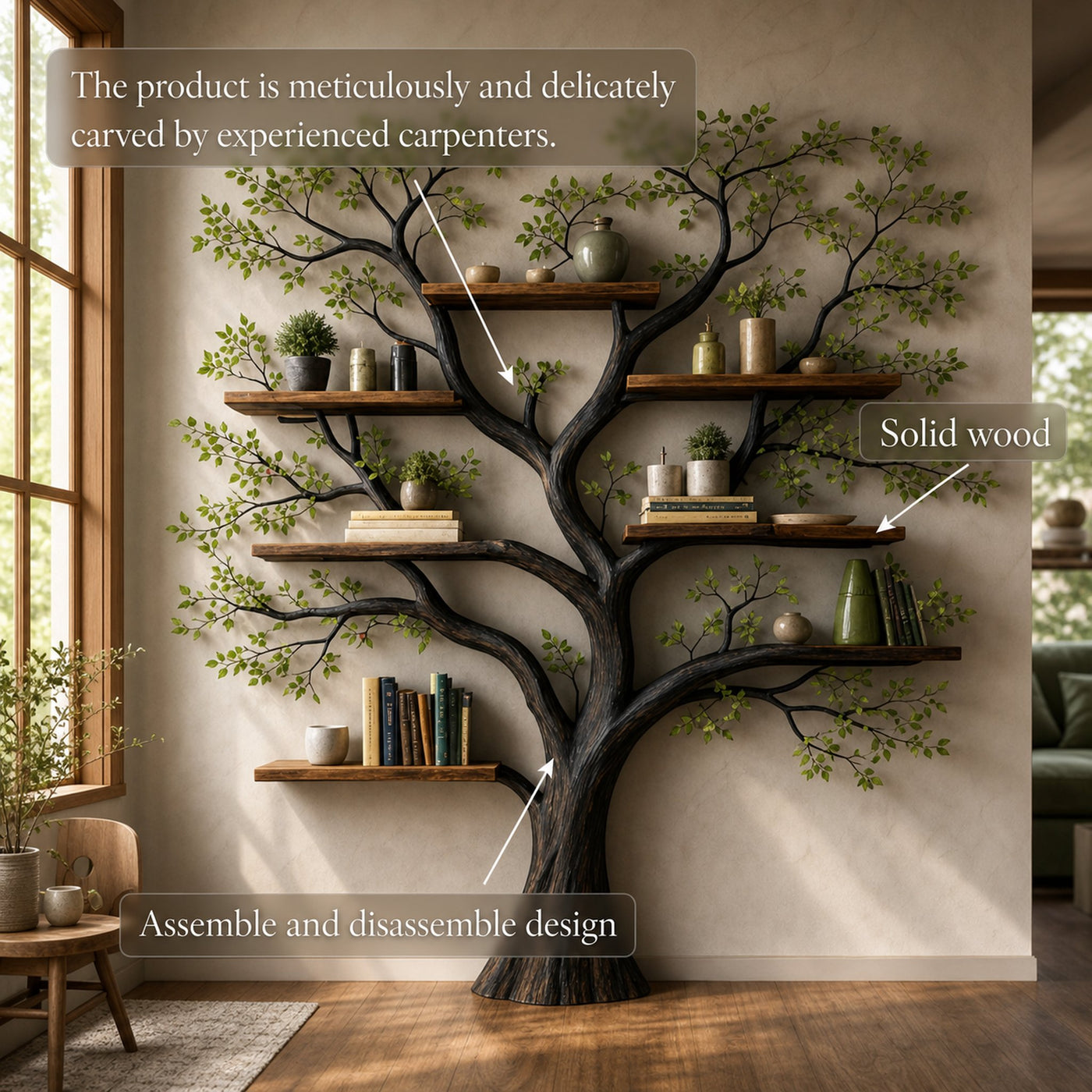 Handcrafted Tree Storage Bookcase Living Room Interior Living Wall Feature - product view 3