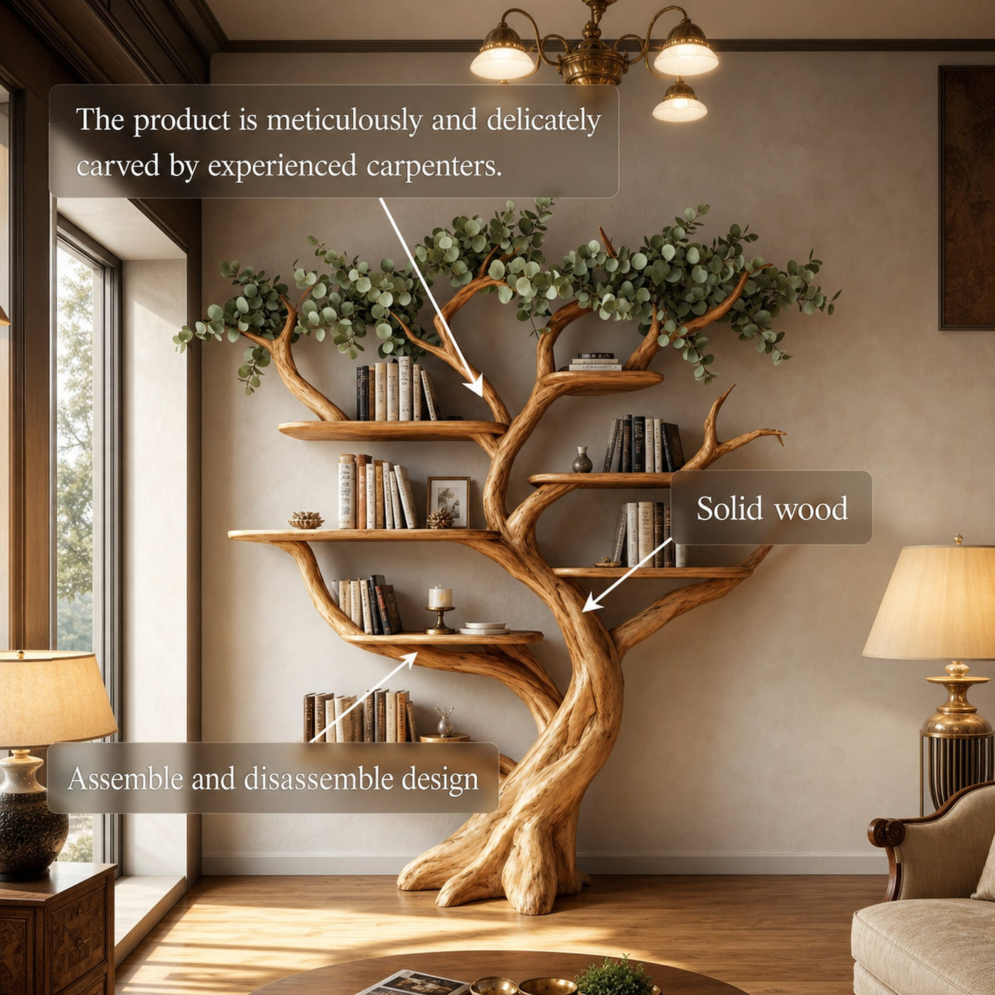 Handcrafted Tree Storage Bookcase Living Room Interior Statement Furniture - product view 3