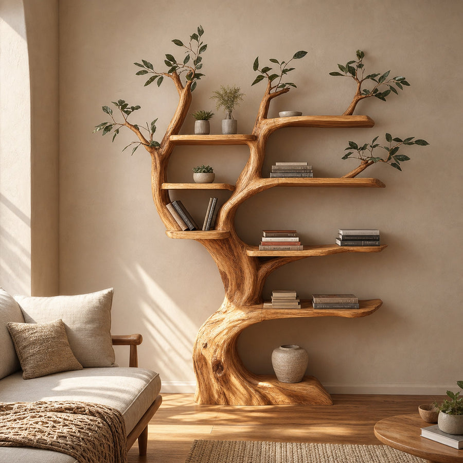 Handcrafted Tree Storage Shelf Living Room Interior Statement Decor