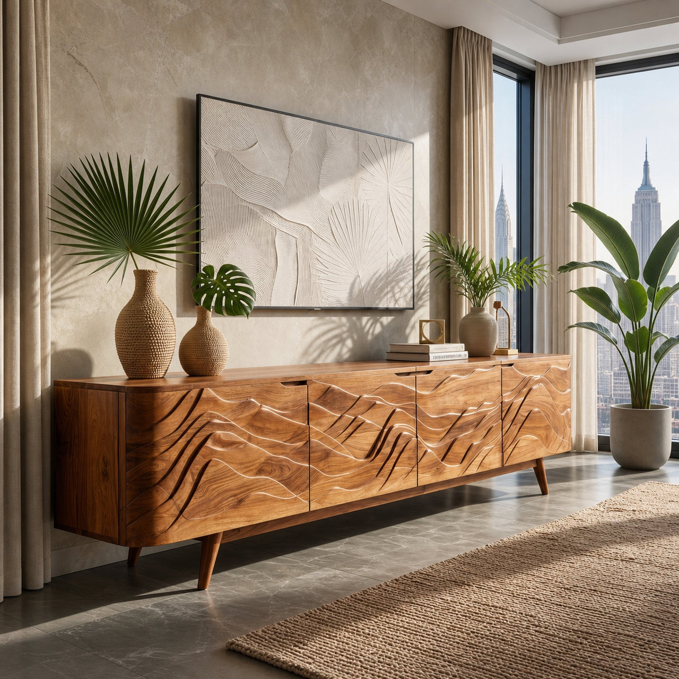 Handcrafted Wave Wood TV Stand For Media Room
