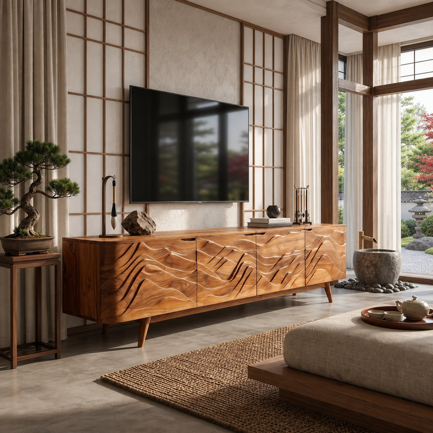 Handcrafted Wave Wood TV Stand For Media Room - product view 6