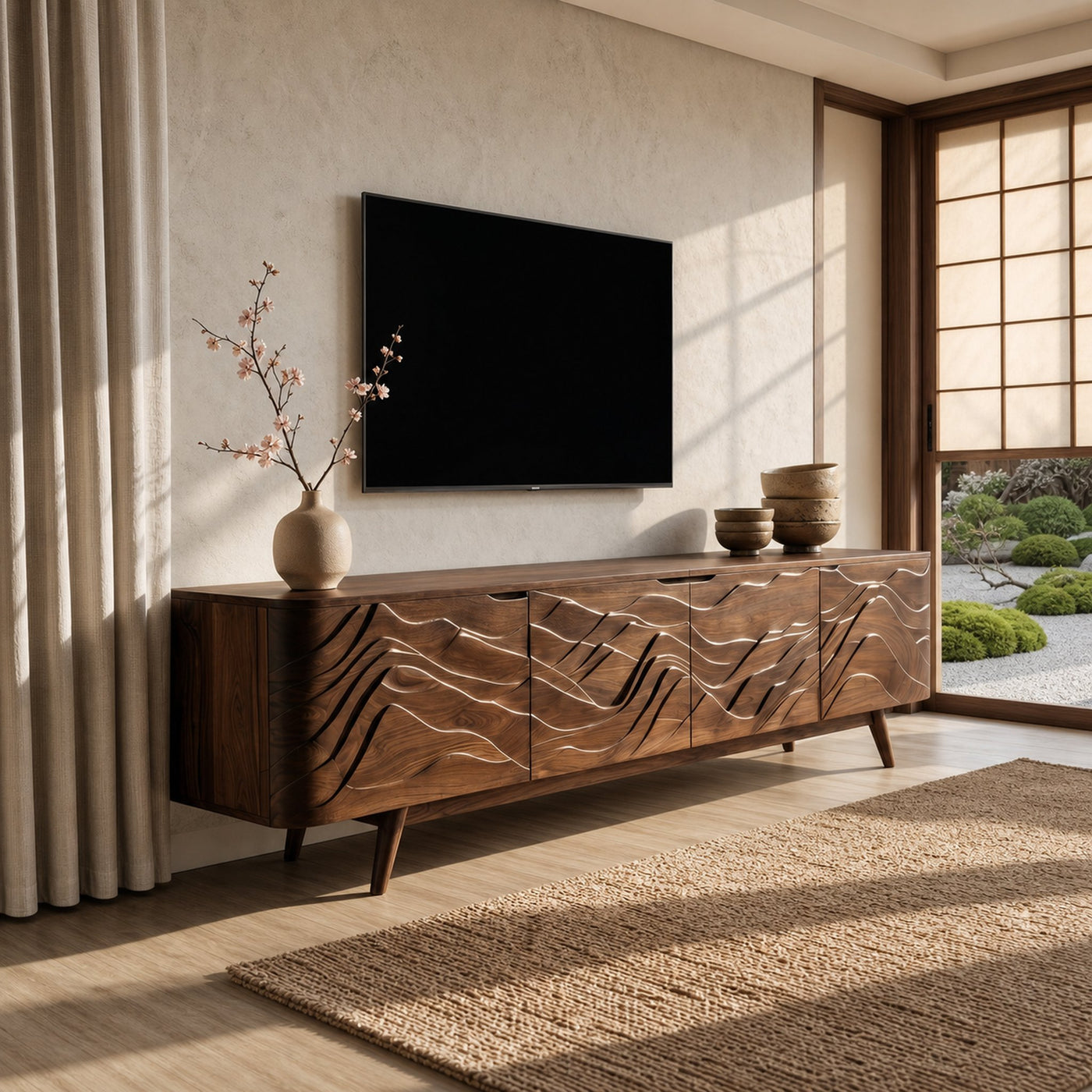 Handcrafted Wave Wood TV Stand For Media Room - product view 7