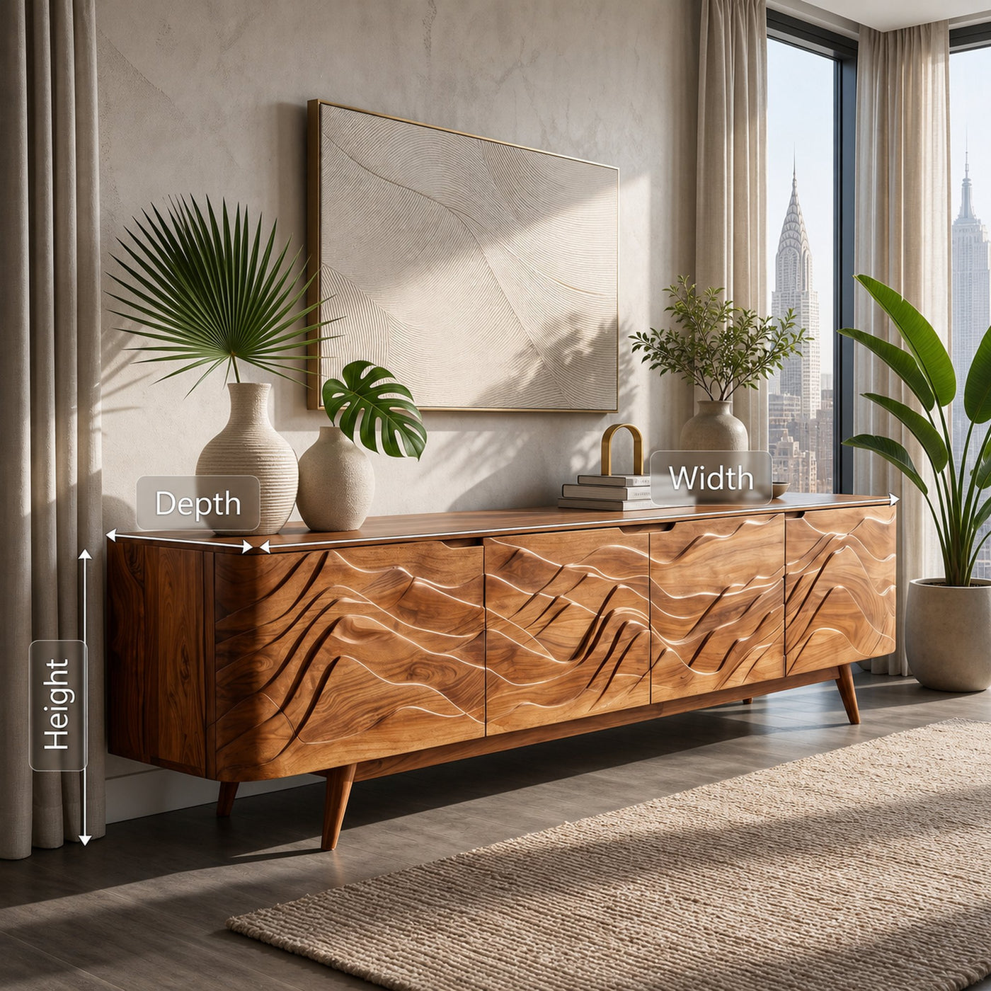 Handcrafted Wave Wood TV Stand For Media Room - product view 8