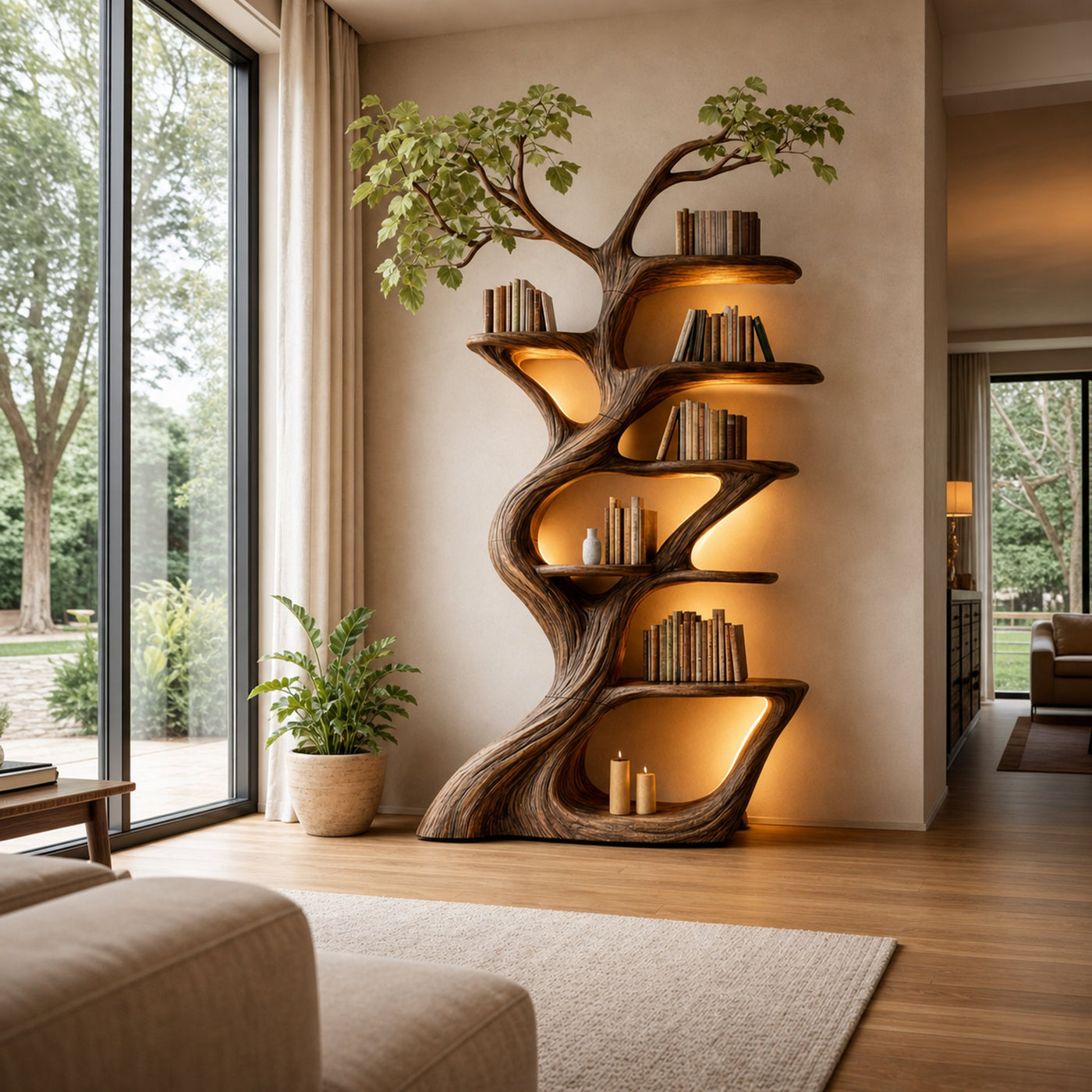 Handcrafted Wood Tree Bookshelf Statement Wall