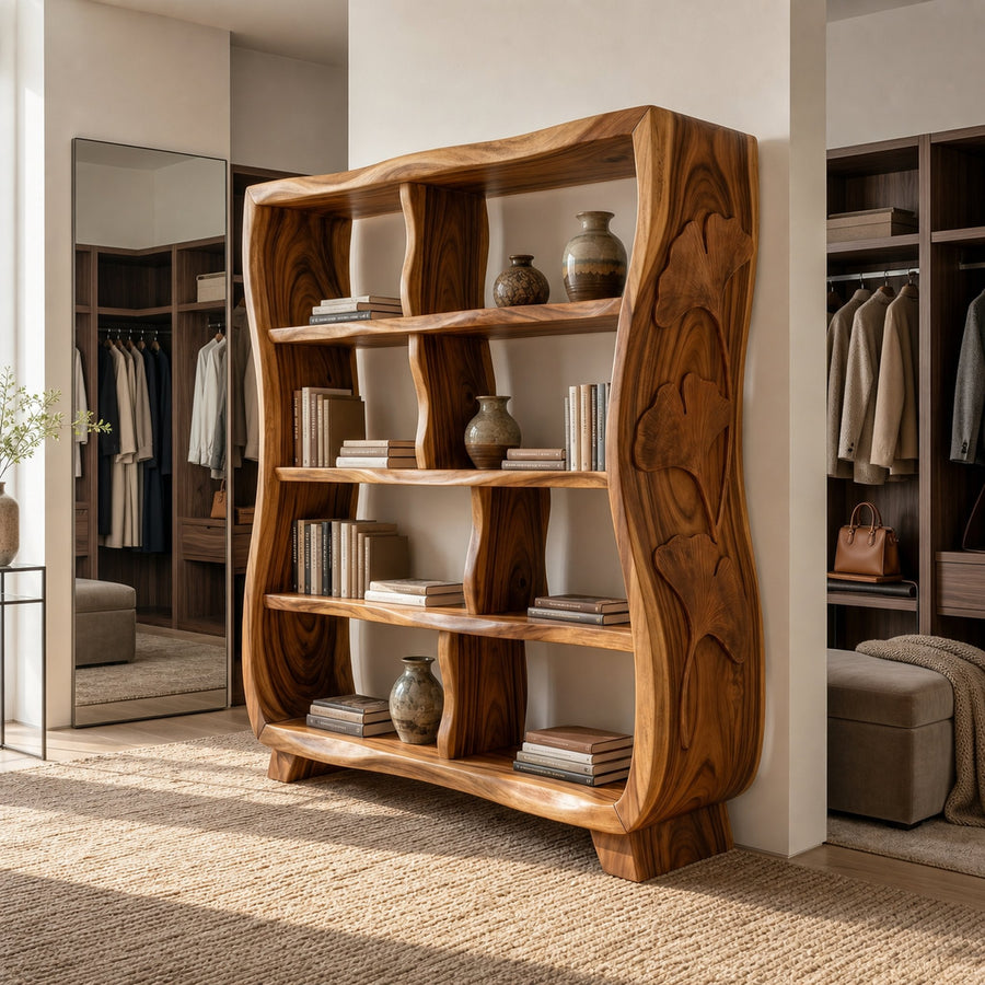 Handcrafted Wooden Bookshelf With Ginkgo Leaf Accents