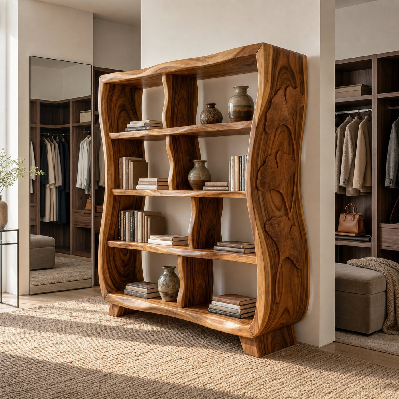 Handcrafted Wooden Bookshelf With Ginkgo Leaf Accents