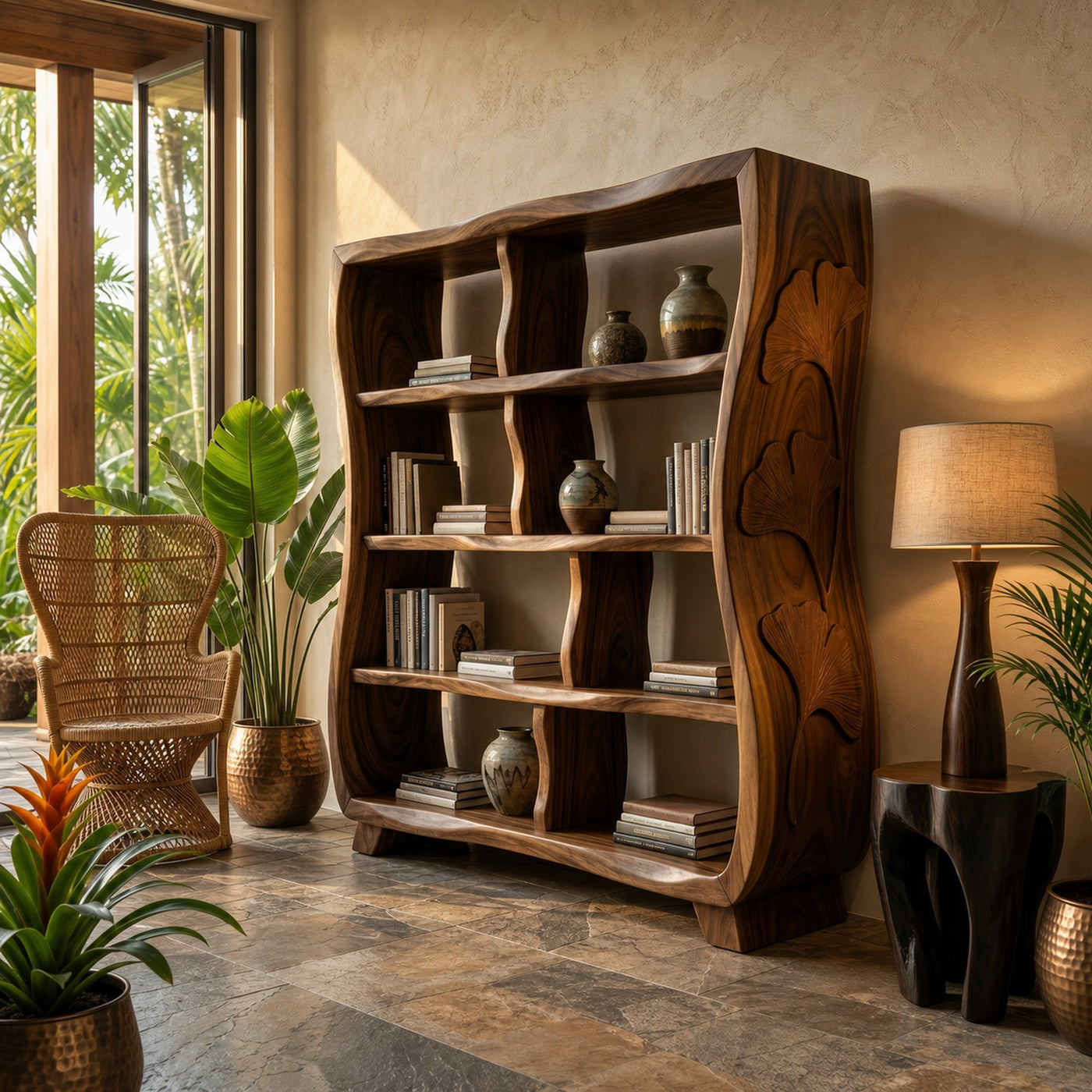 Handcrafted Wooden Bookshelf With Ginkgo Leaf Accents - product view 7