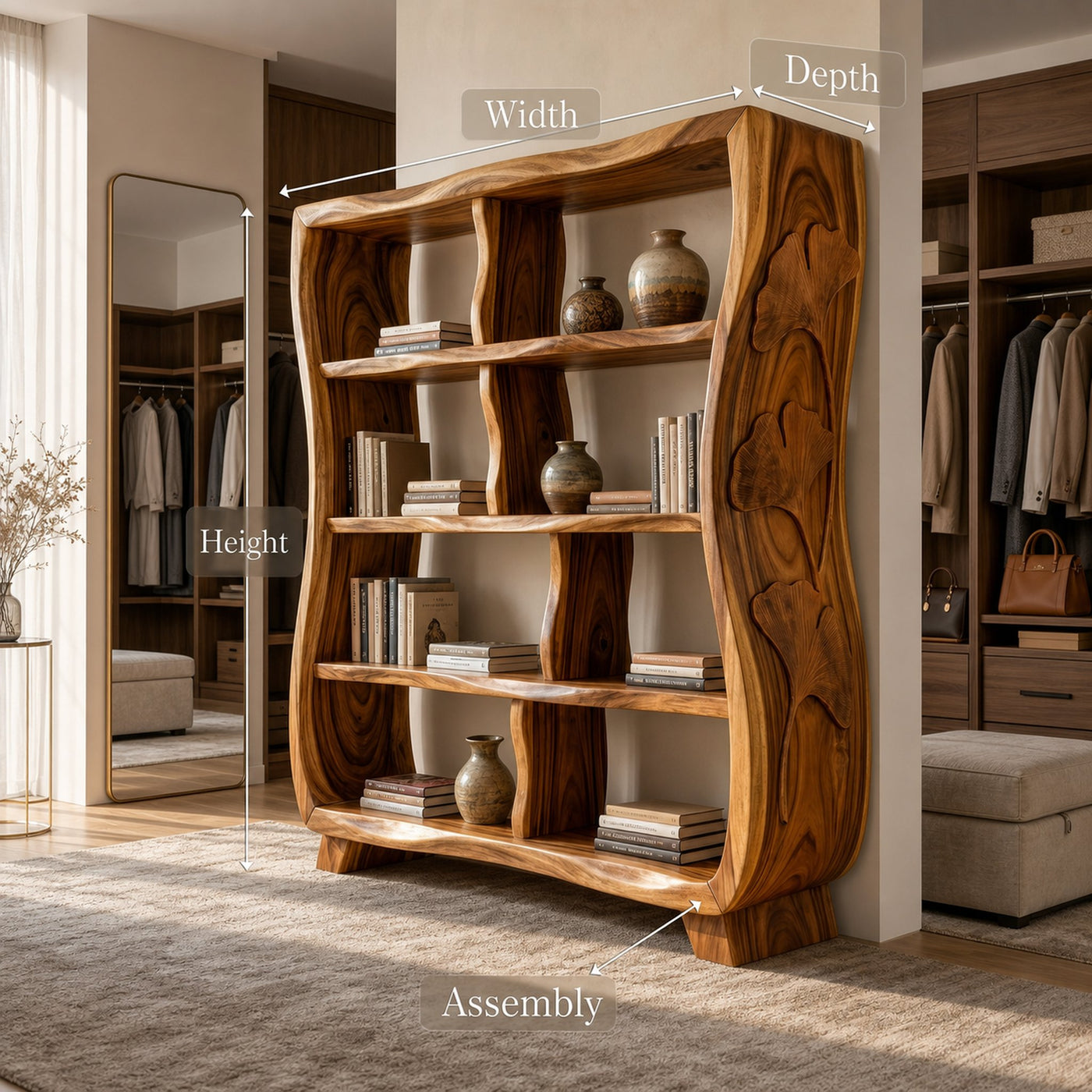 Handcrafted Wooden Bookshelf With Ginkgo Leaf Accents - product view 8