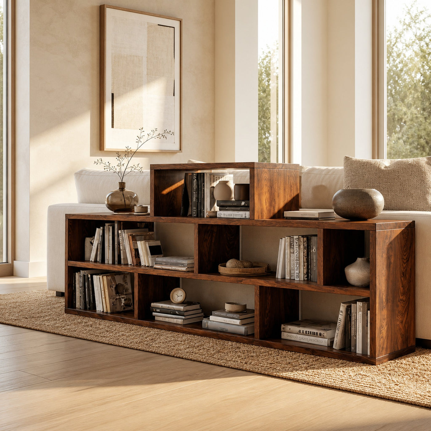 Handcrafted Wooden Bookshelf With Multi Storage For Living Space