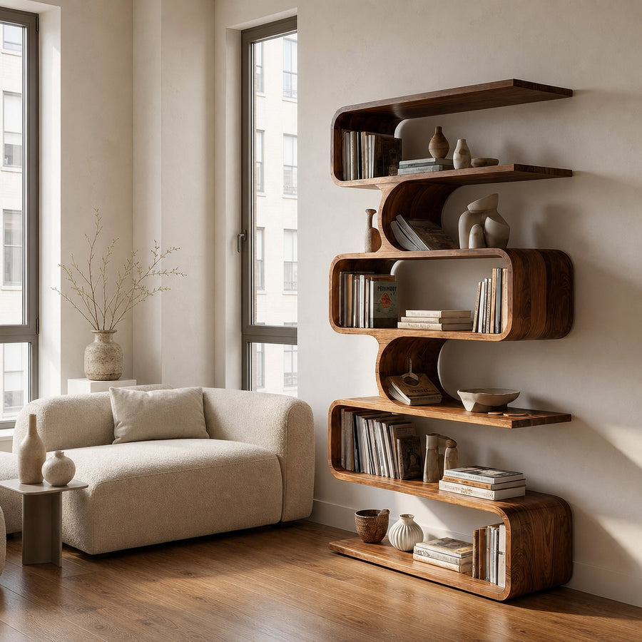 Handcrafted Wooden Bookshelf With Sculpture Edges For Living Room