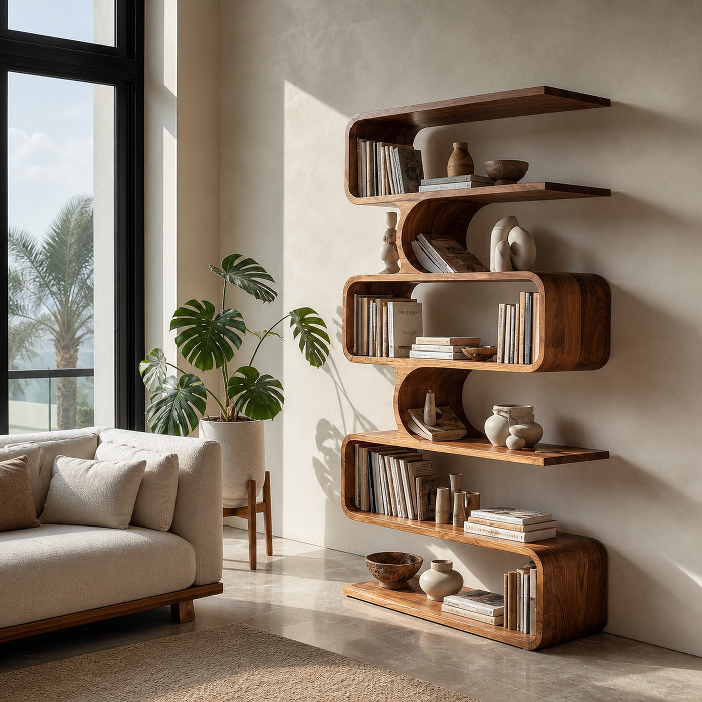 Handcrafted Wooden Bookshelf With Sculpture Edges For Living Room - product view 6