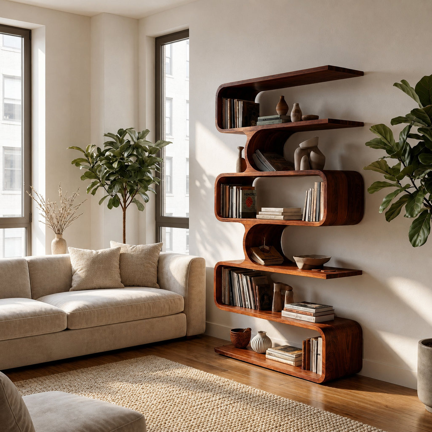 Handcrafted Wooden Bookshelf With Sculpture Edges For Living Room - product view 7