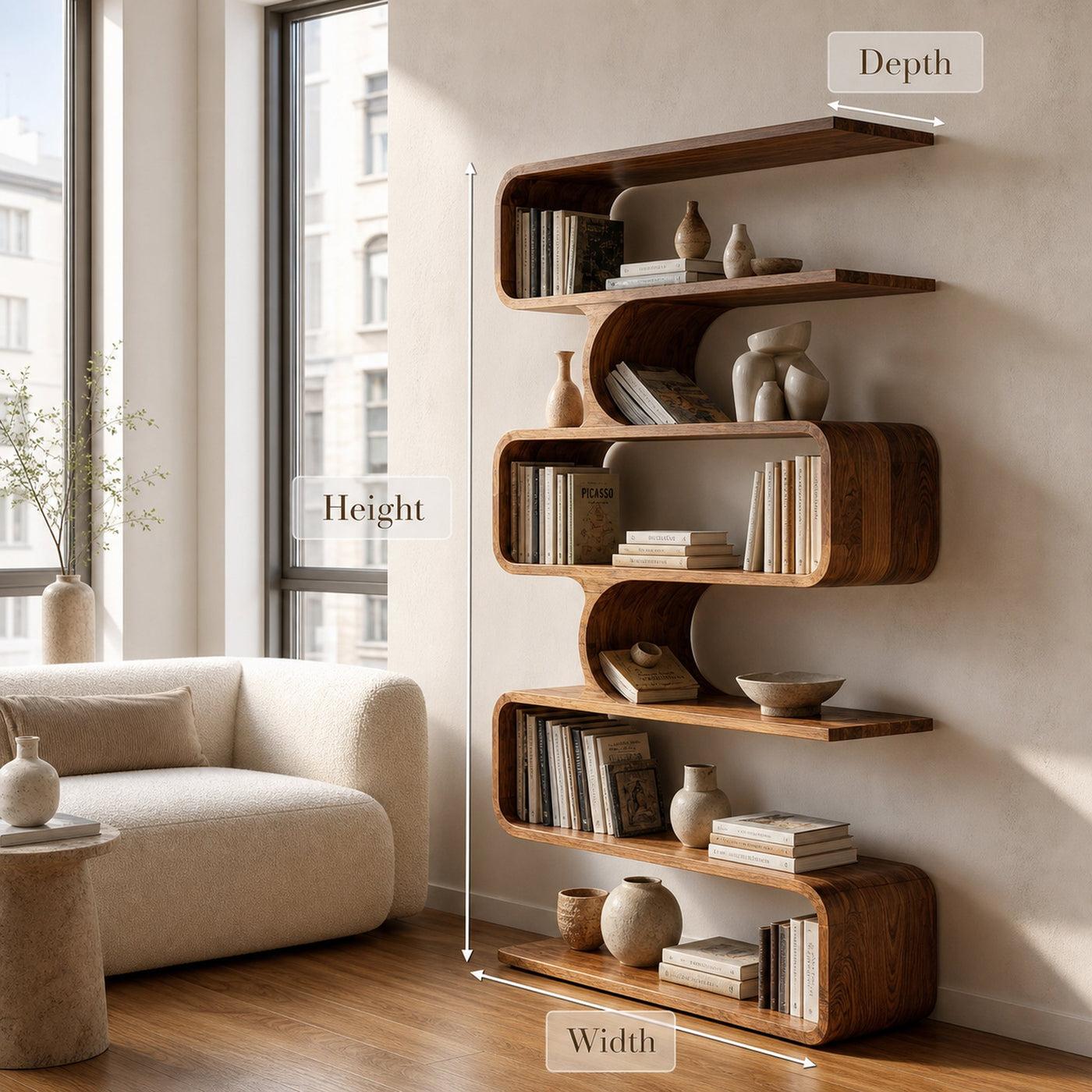 Handcrafted Wooden Bookshelf With Sculpture Edges For Living Room - product view 8