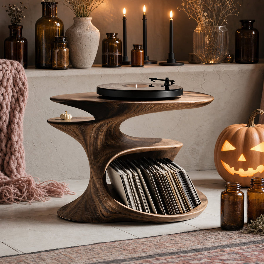 Handcrafted Wooden Live Edge Record Stand For Halloween Entryway Decor