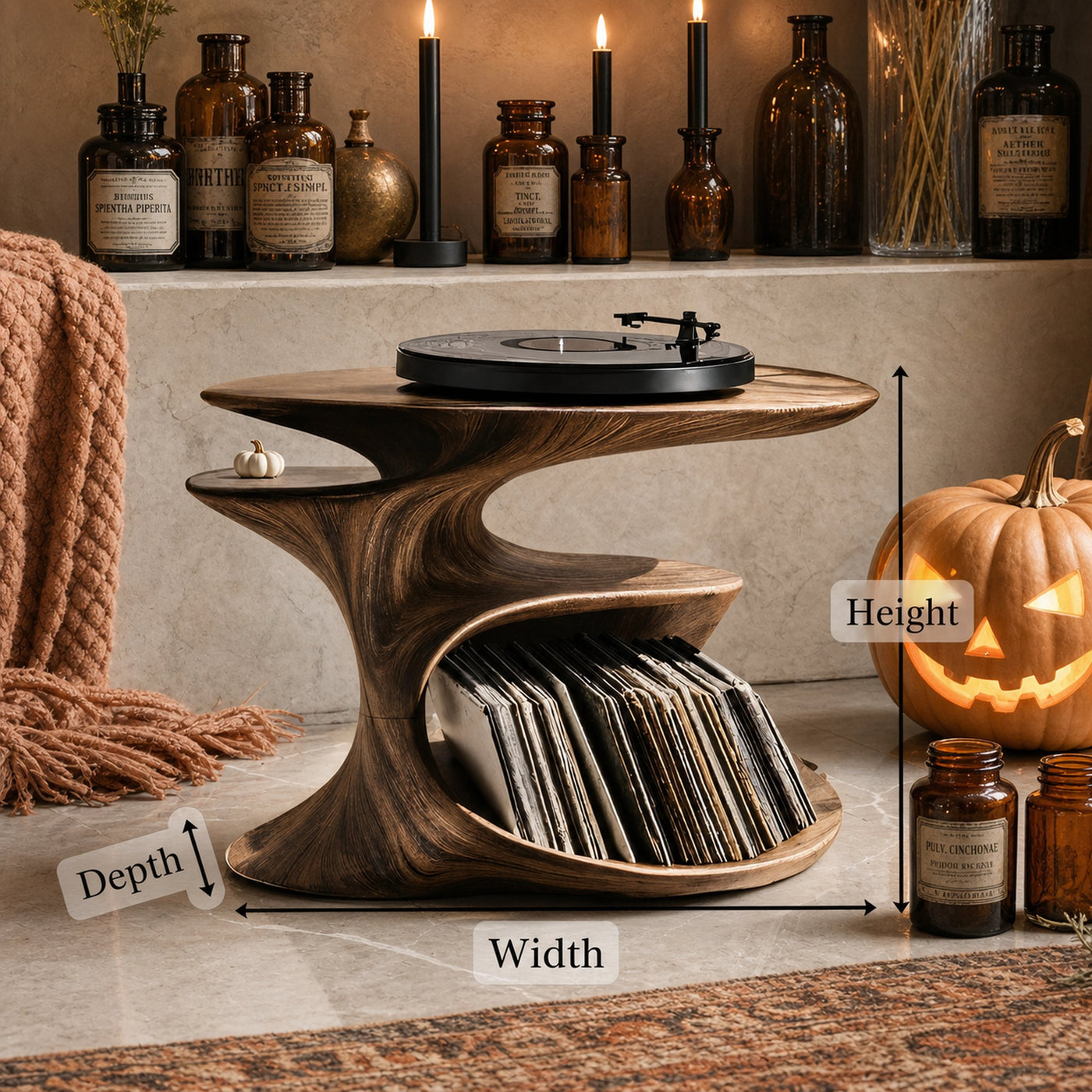 Handcrafted Wooden Live Edge Record Stand For Halloween Entryway Decor - product view 6
