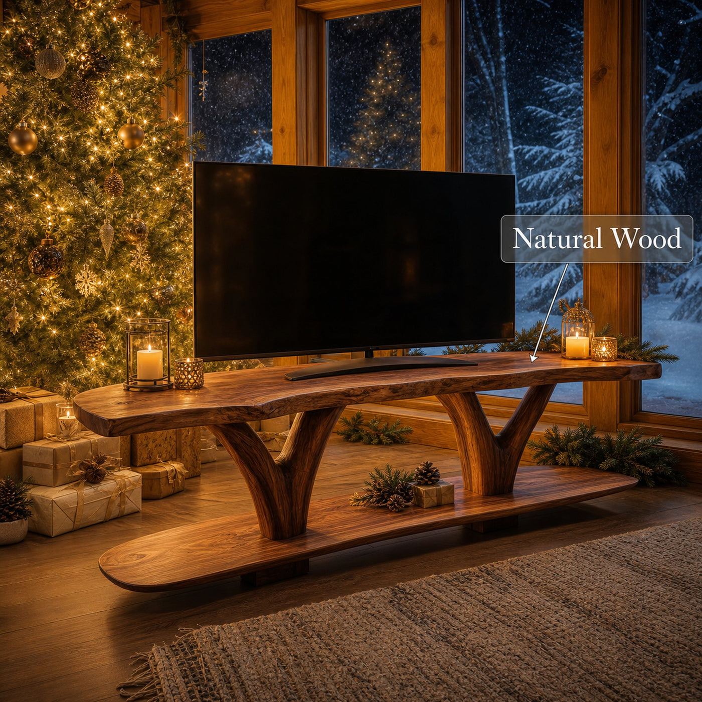 Handcrafted Wooden Live Edge TV Console For Cozy Holiday Gift - product view 6