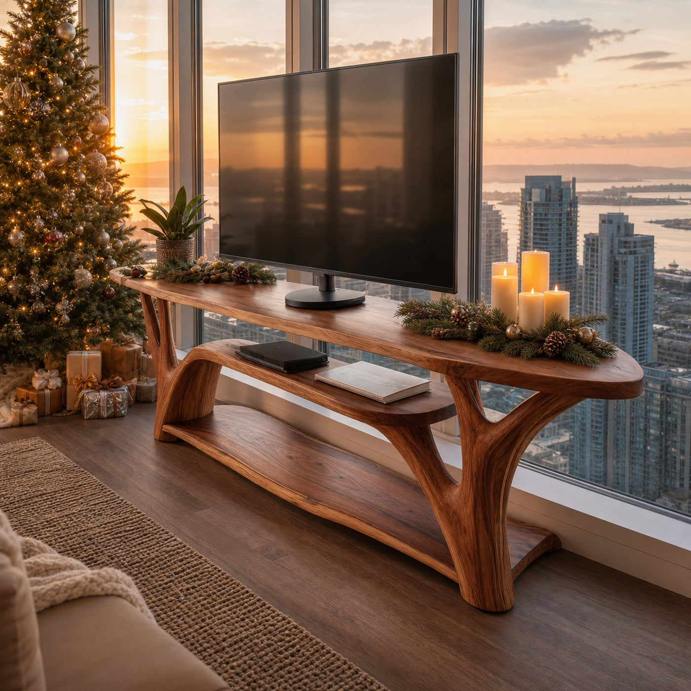 Handcrafted Wooden Live Edge TV Console For Festive Home Design