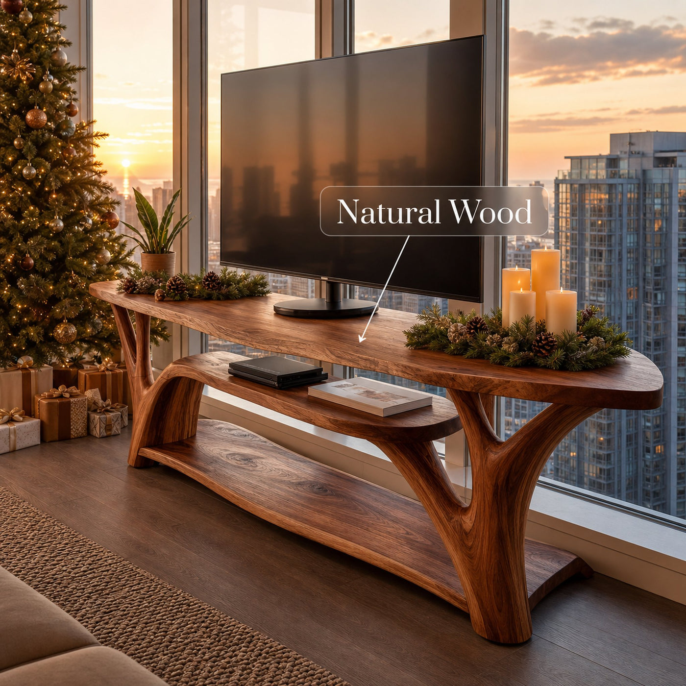 Handcrafted Wooden Live Edge TV Console For Festive Home Design - product view 6