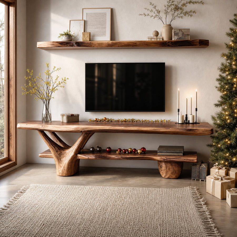 Handcrafted Wooden Live Edge TV Console For Holiday Entryway Design
