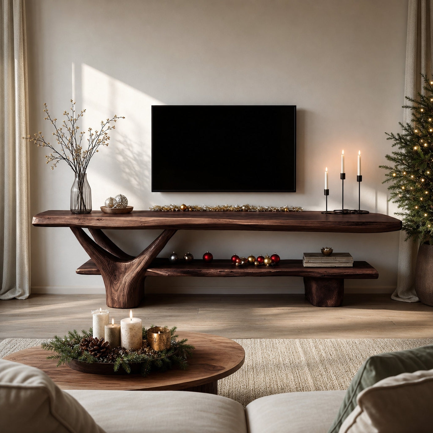 Handcrafted Wooden Live Edge TV Console For Holiday Entryway Design - product view 7