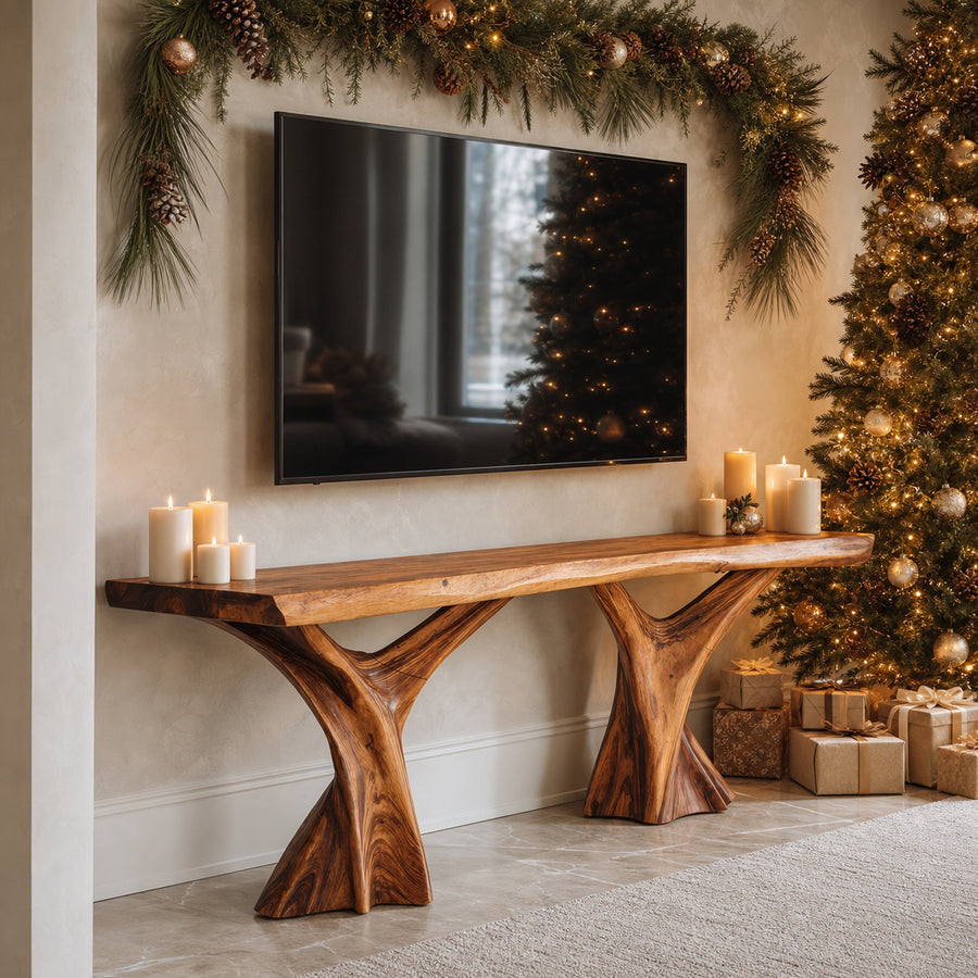 Handcrafted Wooden Live Edge TV Console For Winter Decor Gift