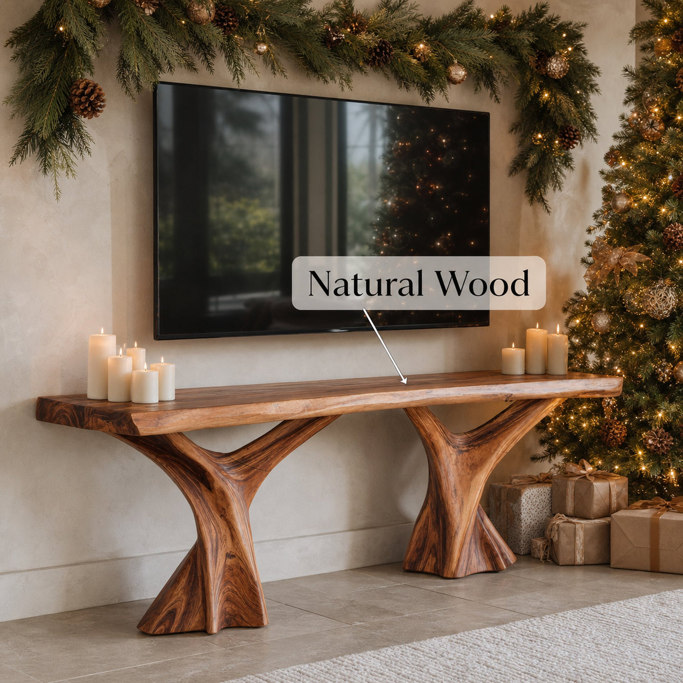 Handcrafted Wooden Live Edge TV Console For Winter Decor Gift - product view 6