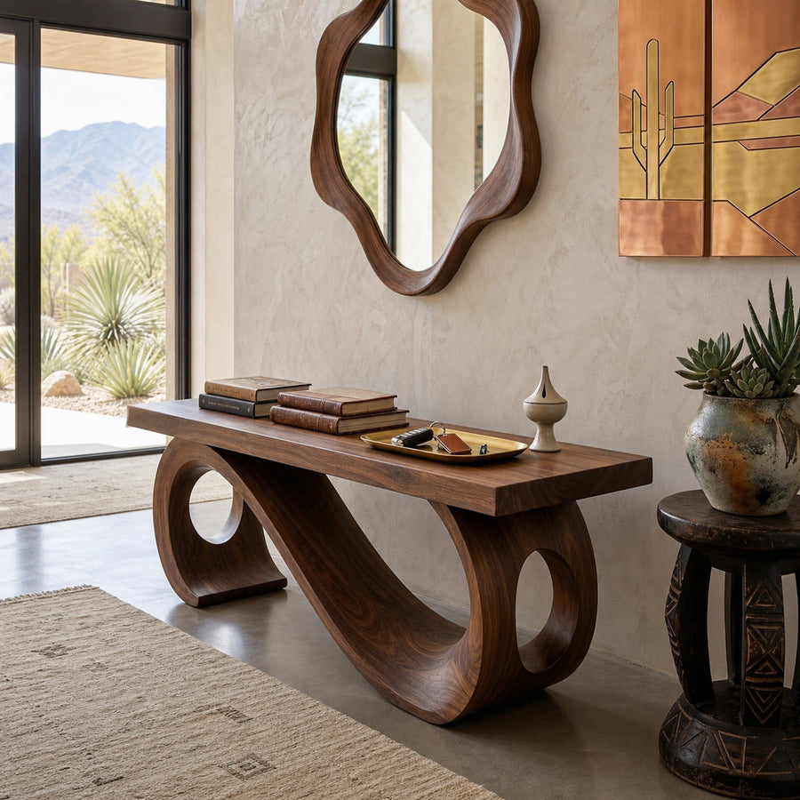 Handcrafted Wooden Sculptural Bench Curved Base Design For Hallway