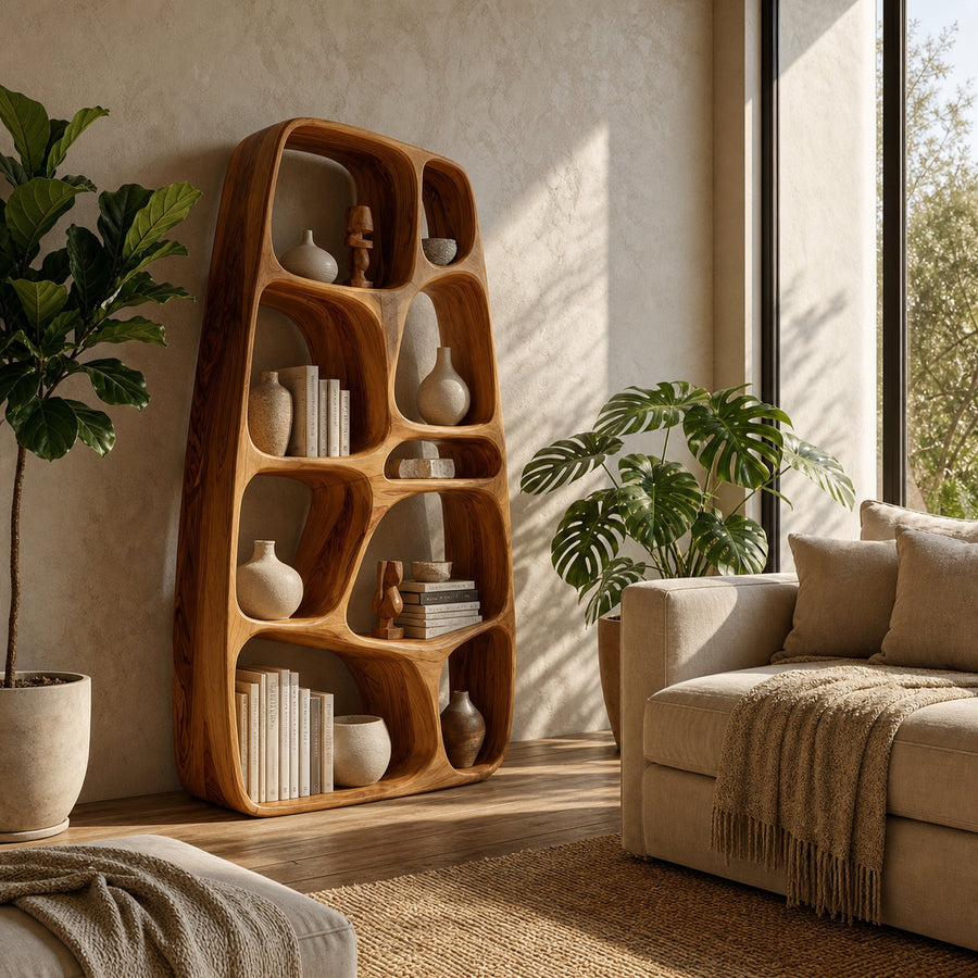 Handcrafted Wooden Sculptural Bookshelf For Living Room