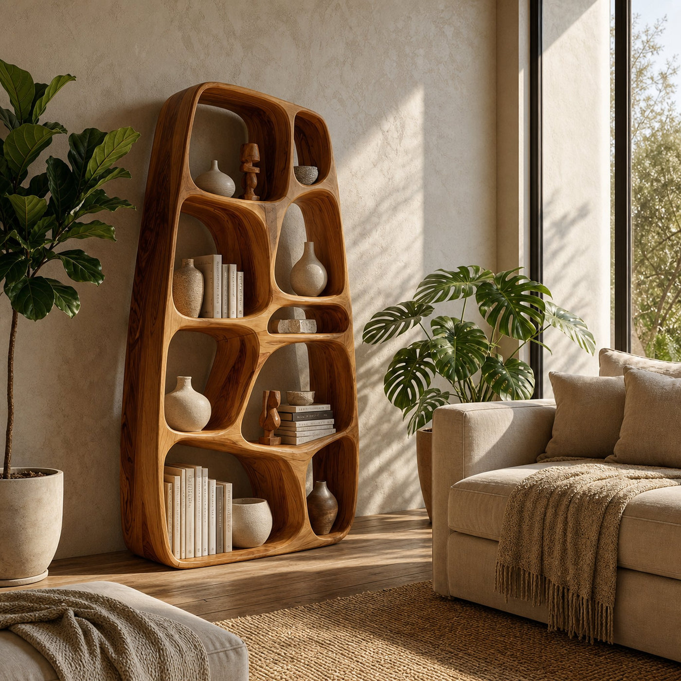 Handcrafted Wooden Sculptural Bookshelf For Living Room