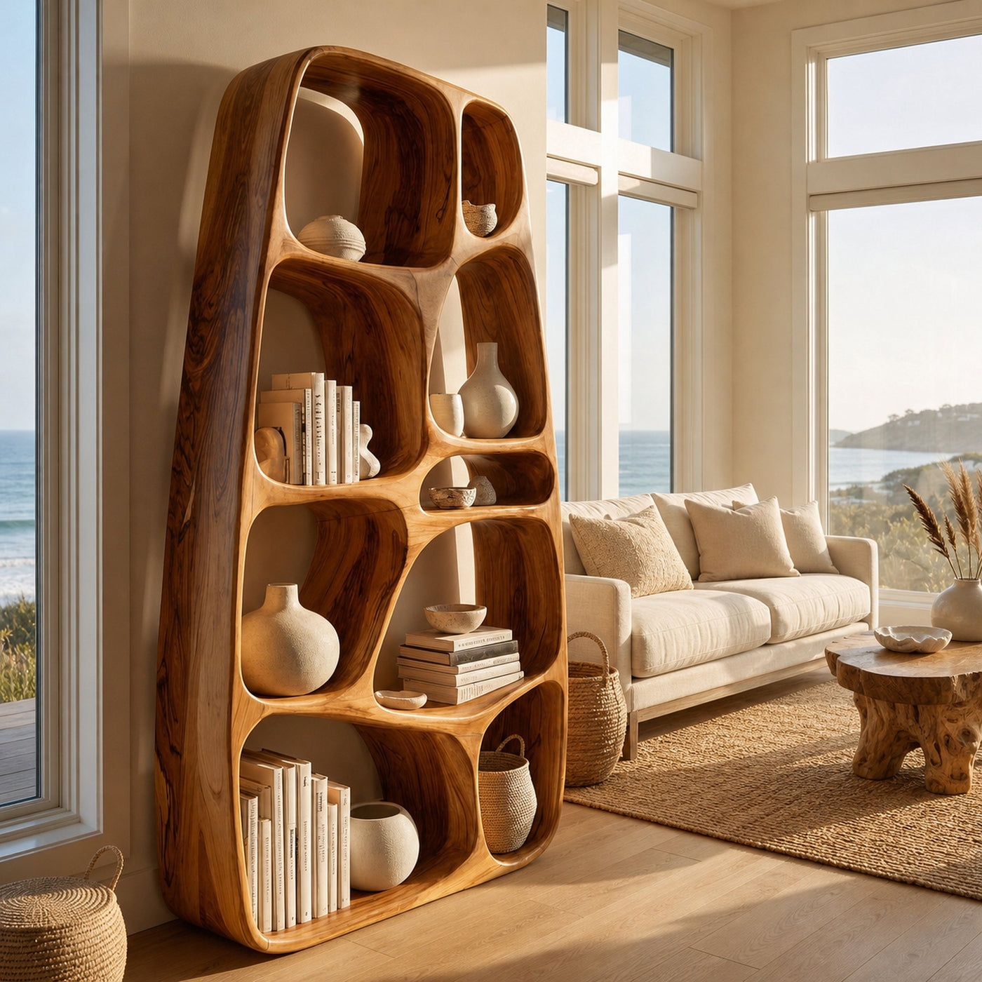 Handcrafted Wooden Sculptural Bookshelf For Living Room - product view 6